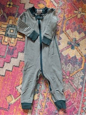 Hanna Andersson Teal and White Striped Zipper Footed One-Piece